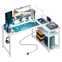 L-Shaped Gaming Desk — Built-In Power Outlets & Shelves