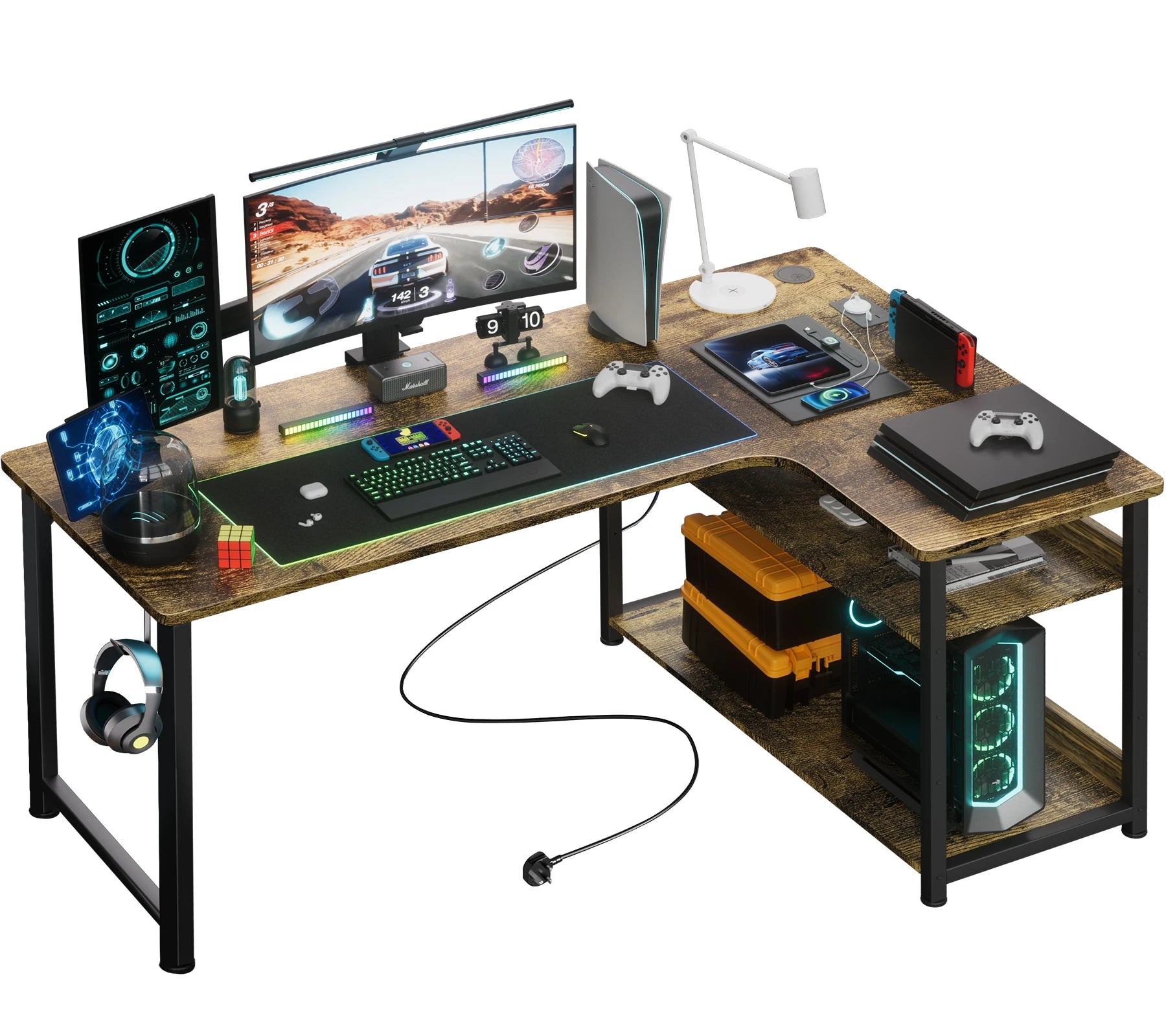 L-Shaped Gaming Desk — Built-In Power Outlets & Shelves — product image 12