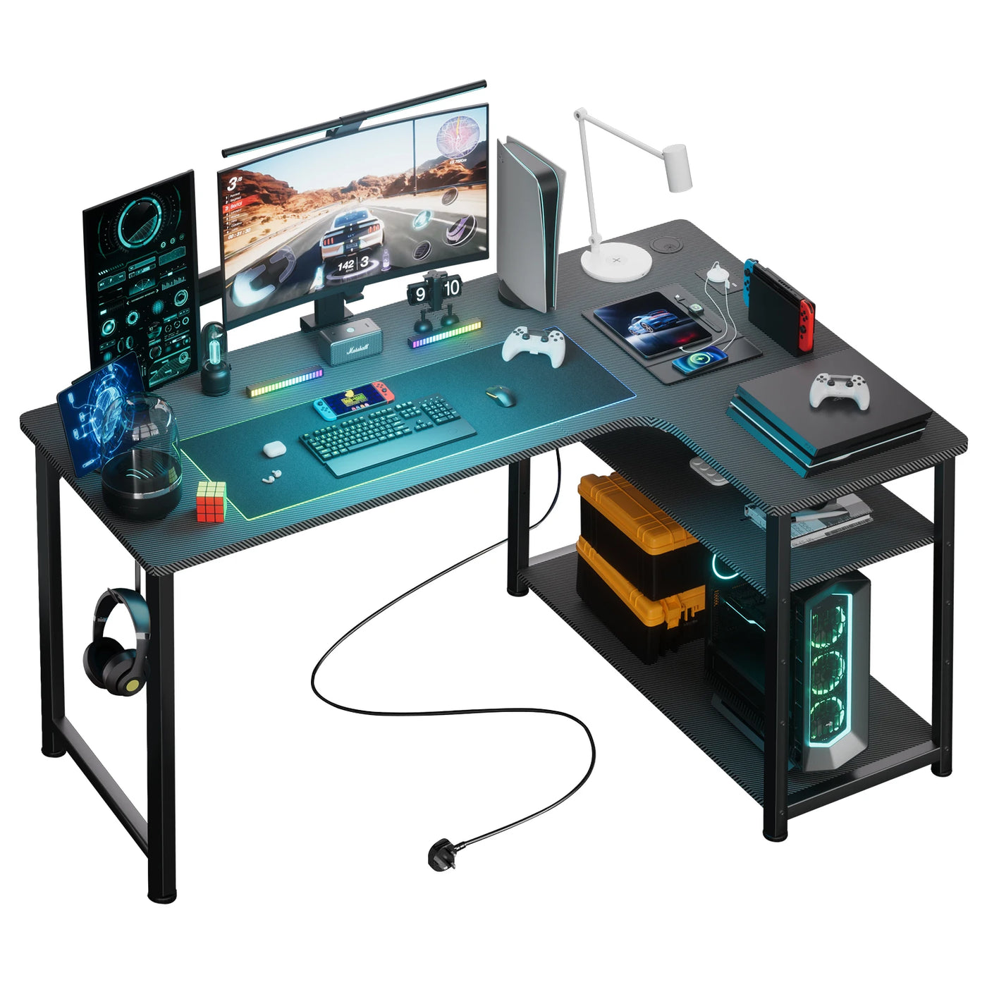 L-Shaped Gaming Desk — Built-In Power Outlets & Shelves