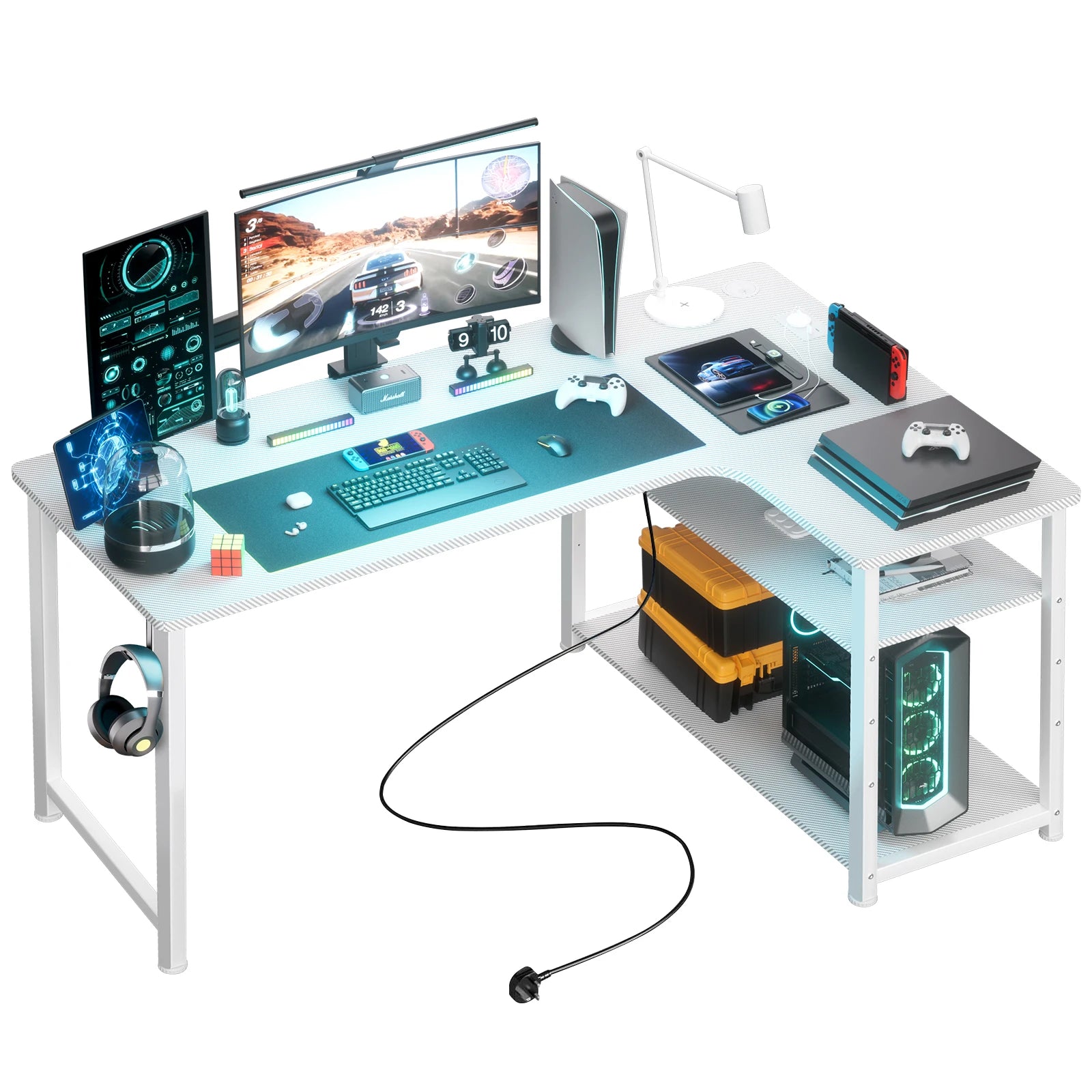 L-Shaped Gaming Desk — Built-In Power Outlets & Shelves