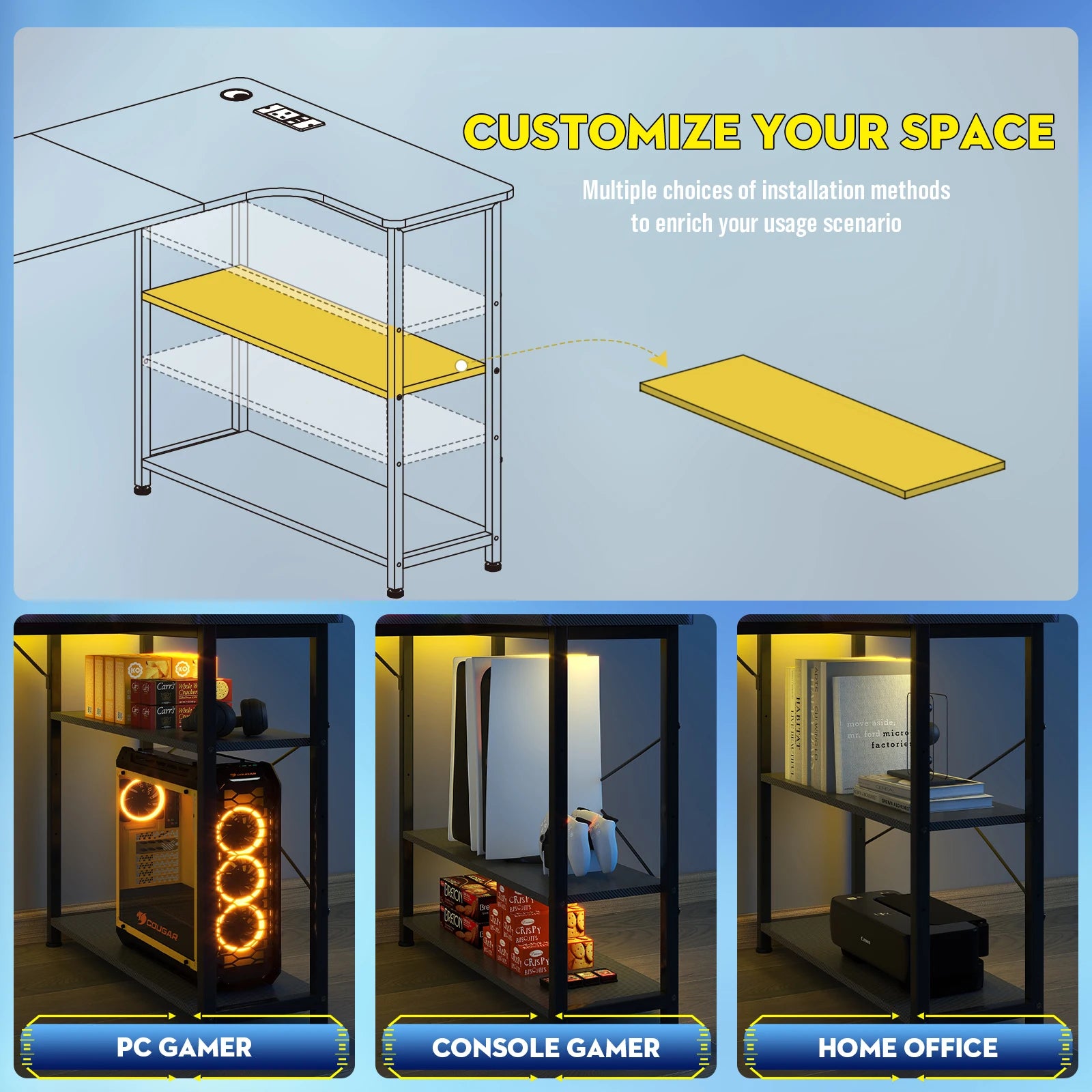 L-Shaped Gaming Desk — Built-In Power Outlets & Shelves — product image 3