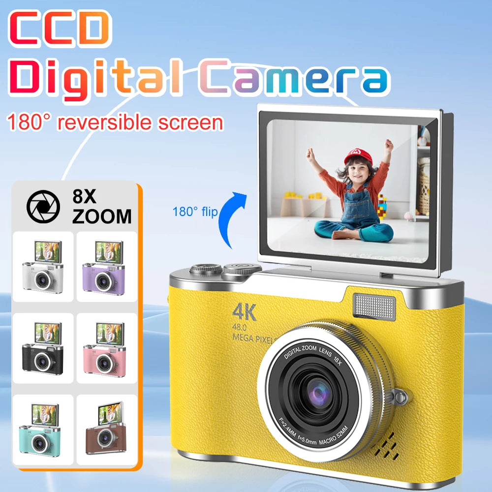 Compact Digital Camera — 1080p, 8× Zoom, 180° Flip Screen