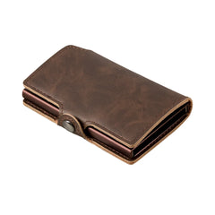 Pop-Up RFID Wallet — Slim Aluminium & Leather Card Holder — Dark Brown