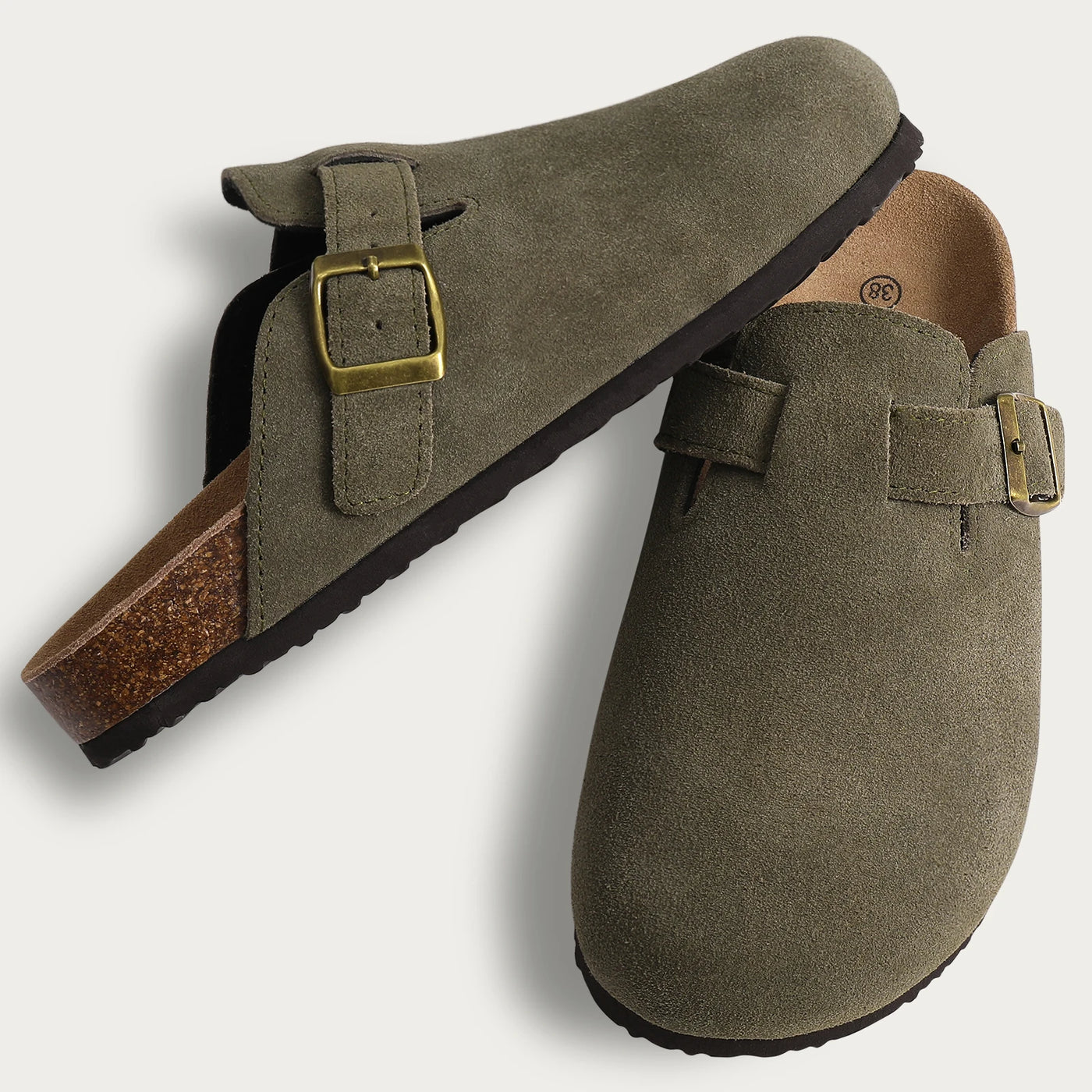 Suede Arch-Support Mules — Cork Footbed Slip-On Clogs