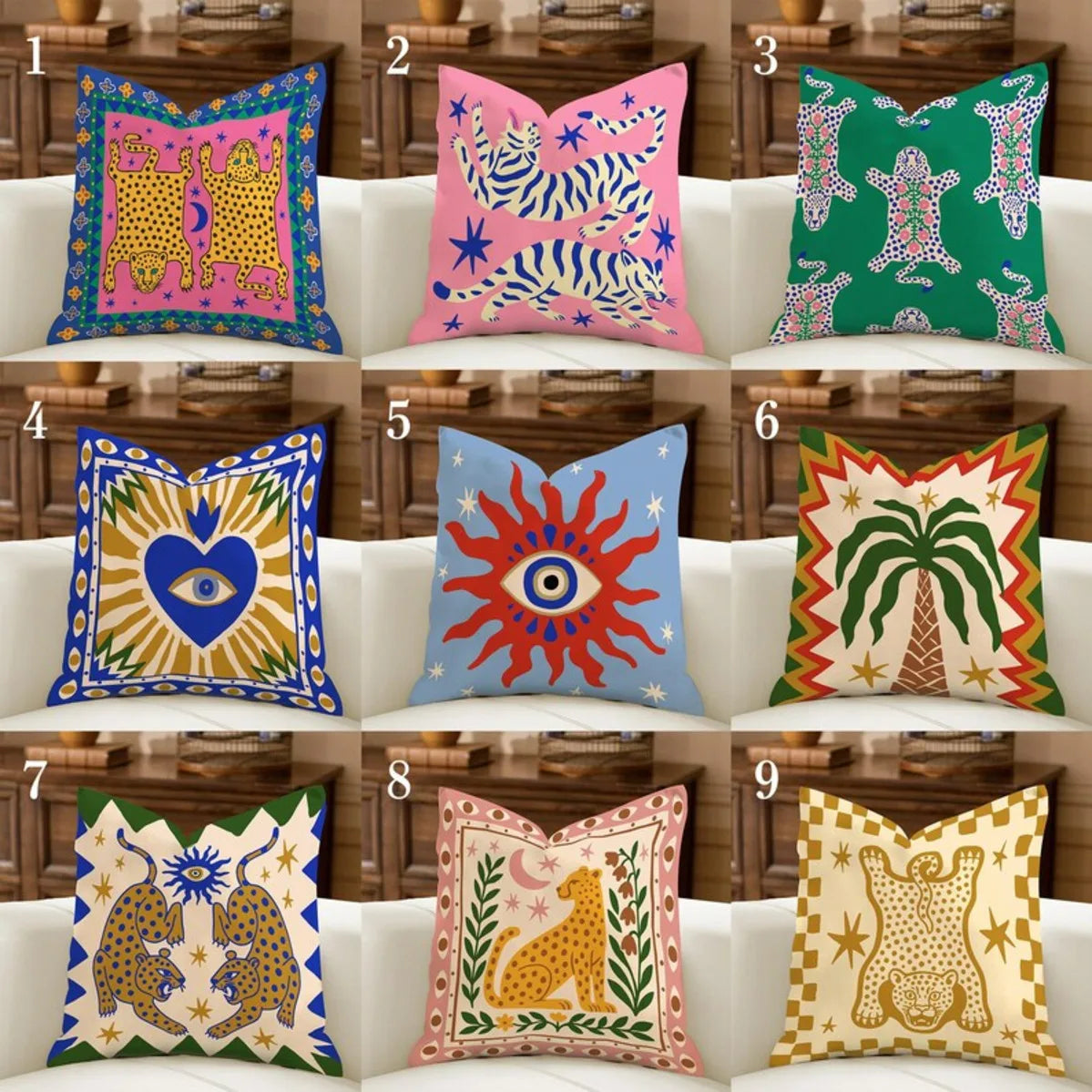 Boho Print Cushion Covers — Sun, Leopard & Palm Designs