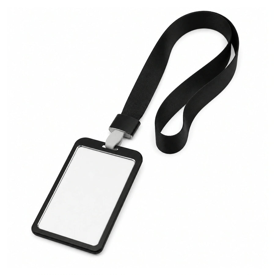 Aluminium ID Card Holder — Slim Badge Case with Lanyard on a pure white background