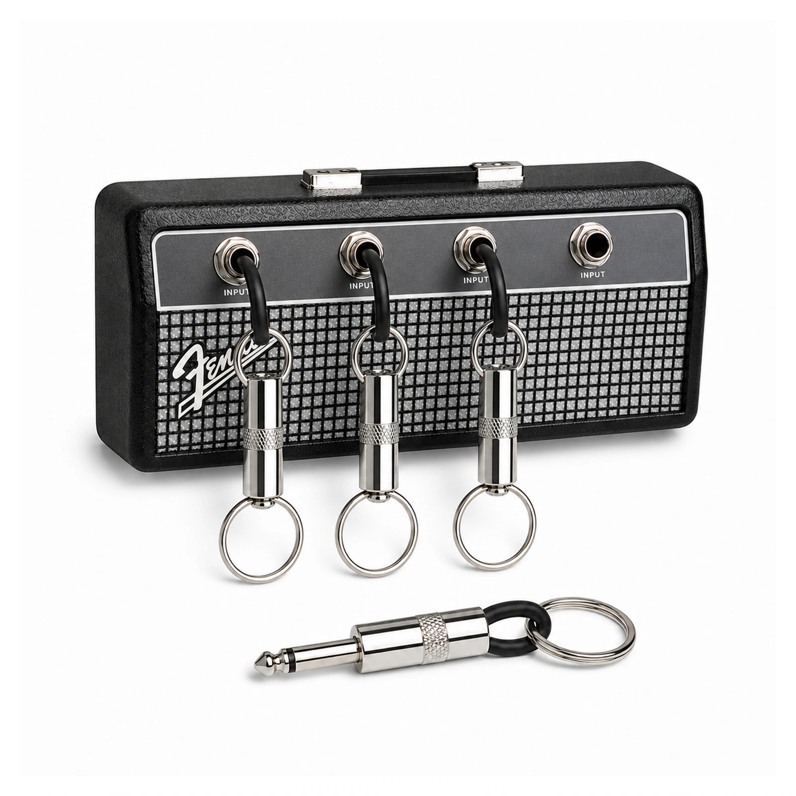 Amp-Style Wall Key Holder — 4 Hooks + Plug Keychains on a pure white background