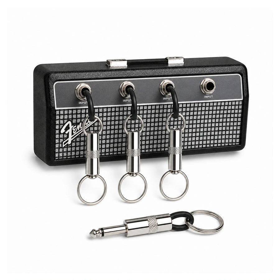 Amp-Style Wall Key Holder — 4 Hooks + Plug Keychains on a pure white background