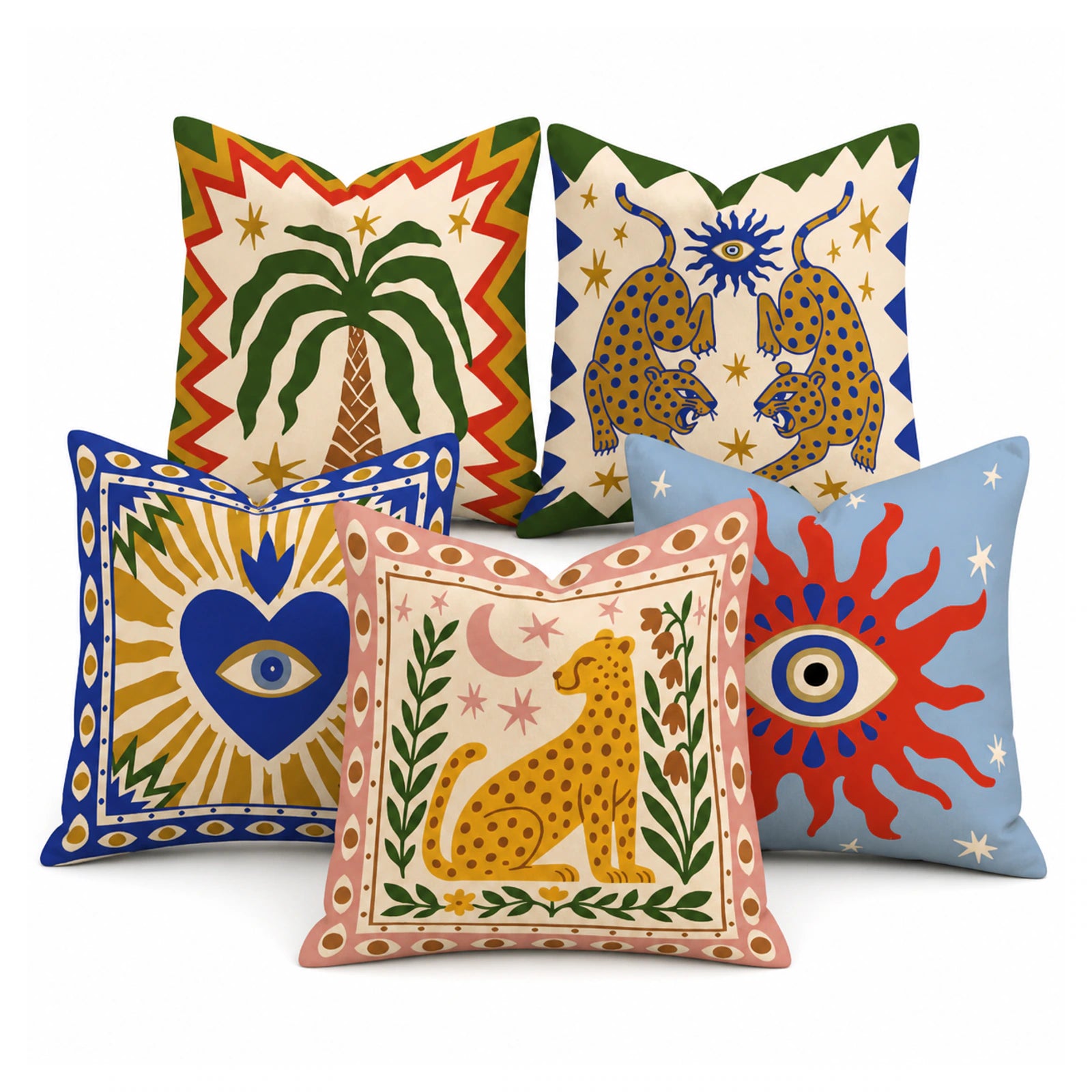 Boho Print Cushion Covers — Sun, Leopard & Palm Designs on a pure white background