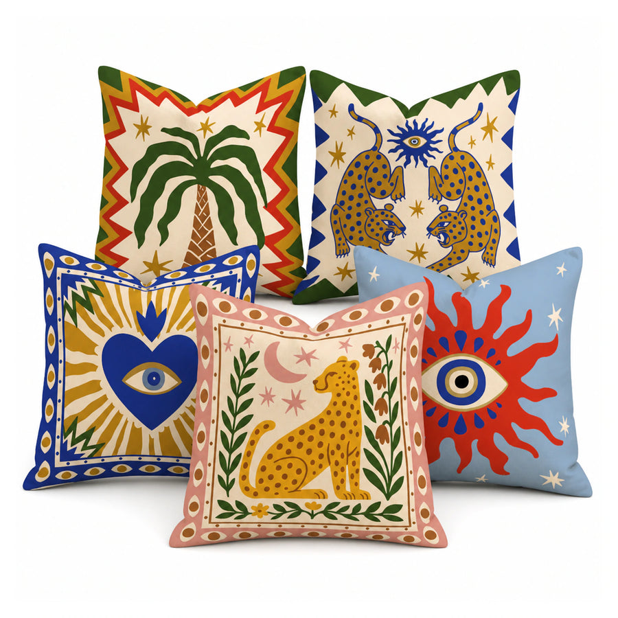 Boho Print Cushion Covers — Sun, Leopard & Palm Designs on a pure white background