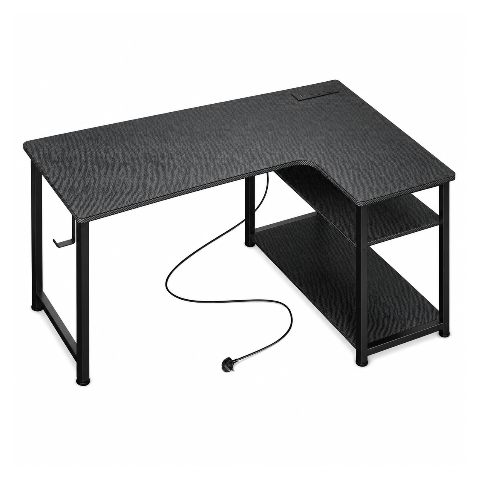 L-Shaped Gaming Desk — Built-In Power Outlets & Shelves on a pure white background