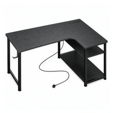 L-Shaped Gaming Desk — Built-In Power Outlets & Shelves on a pure white background