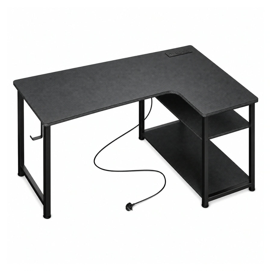 L-Shaped Gaming Desk — Built-In Power Outlets & Shelves on a pure white background
