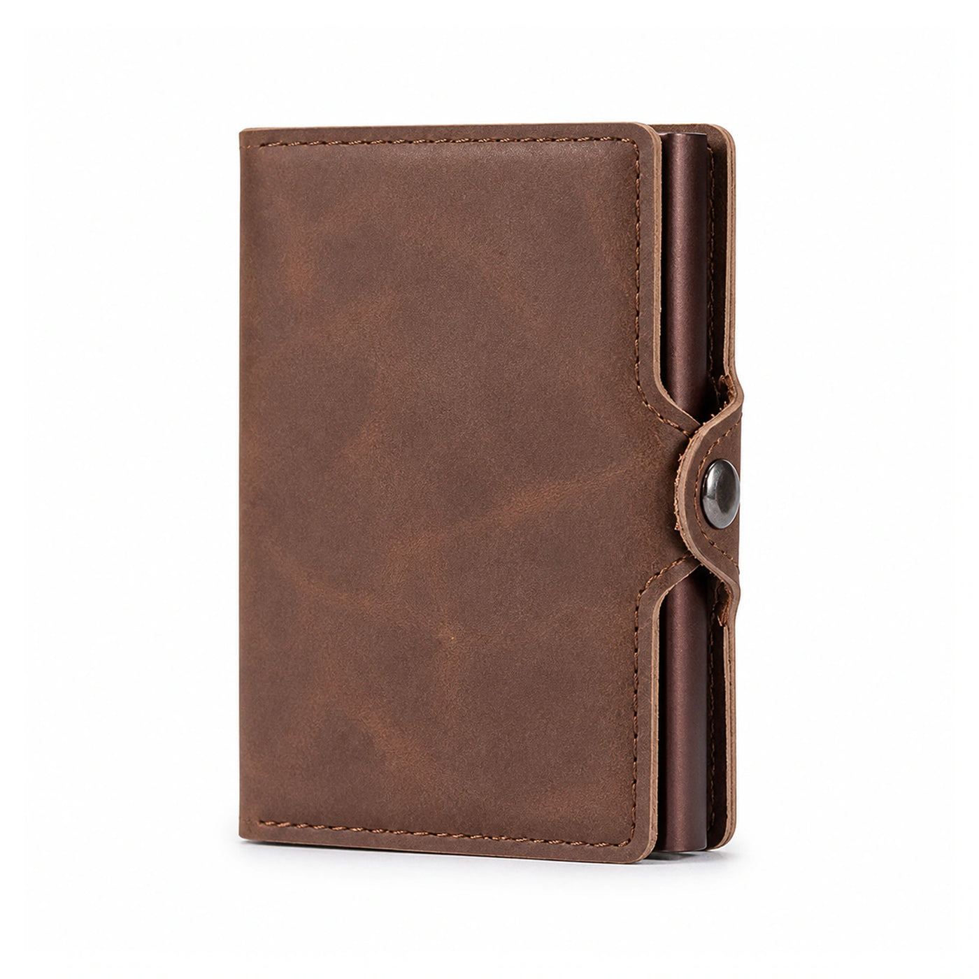 Pop-Up RFID Wallet — Slim Aluminium & Leather Card Holder on a pure white background