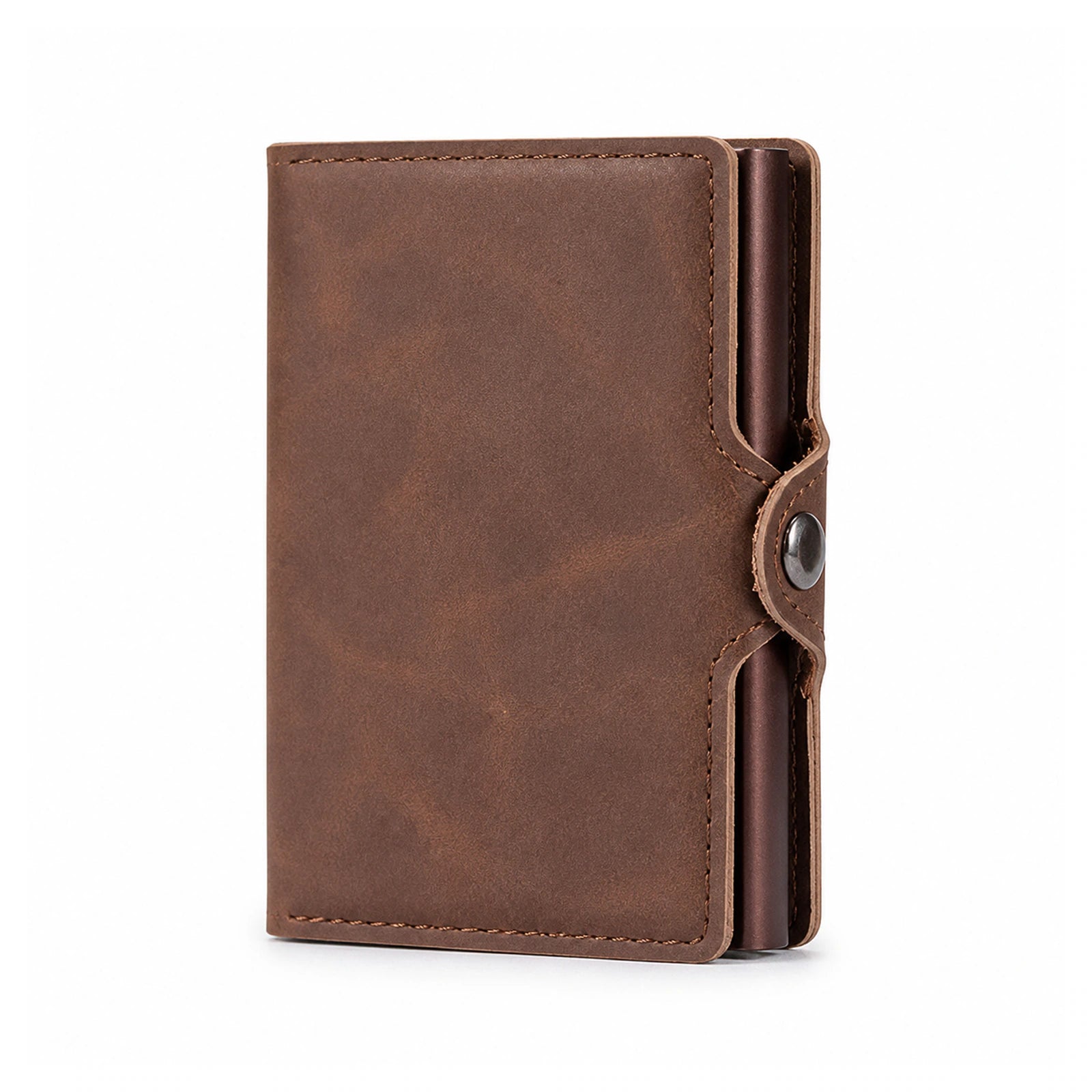 Pop-Up RFID Wallet — Slim Aluminium & Leather Card Holder on a pure white background