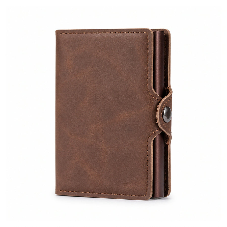 Pop-Up RFID Wallet — Slim Aluminium & Leather Card Holder on a pure white background
