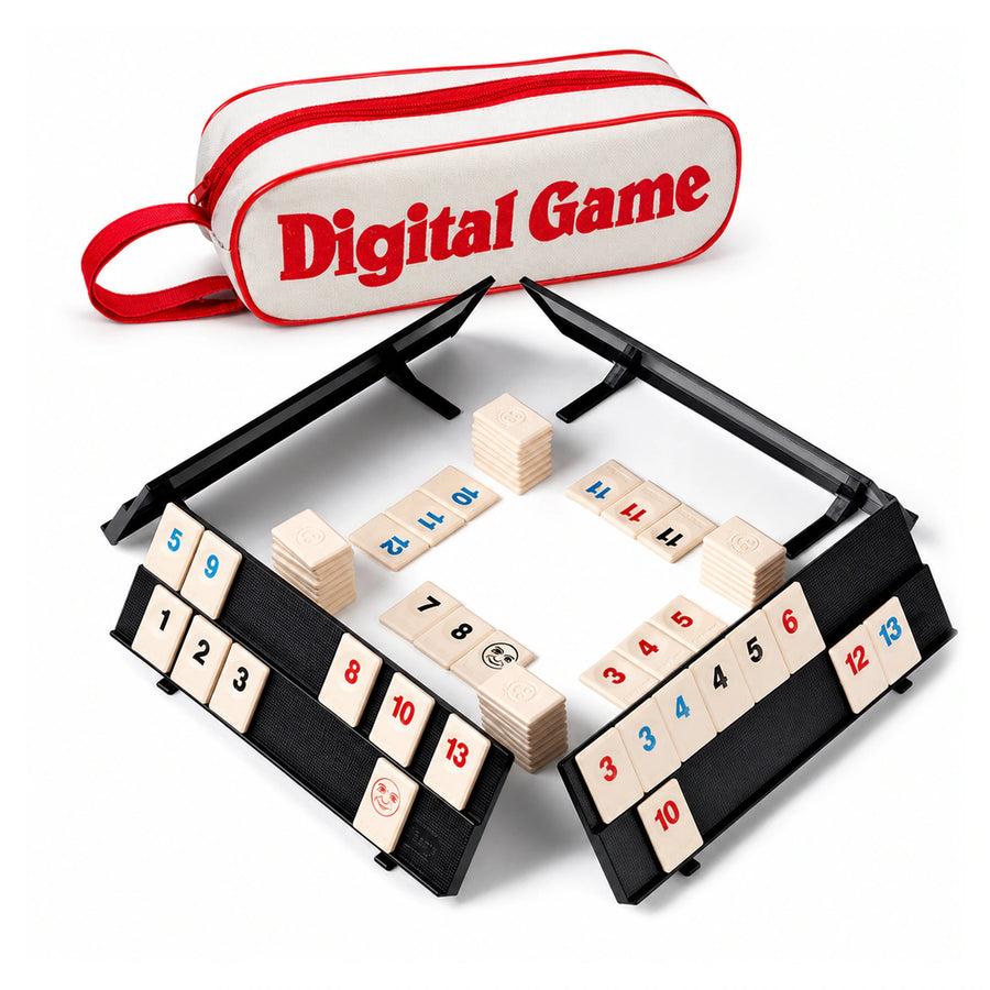 Rummy Tile Game — 106 Tiles, 4 Racks & Travel Case on a pure white background