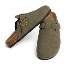 Suede Arch-Support Mules — Cork Footbed Slip-On Clogs on a pure white background