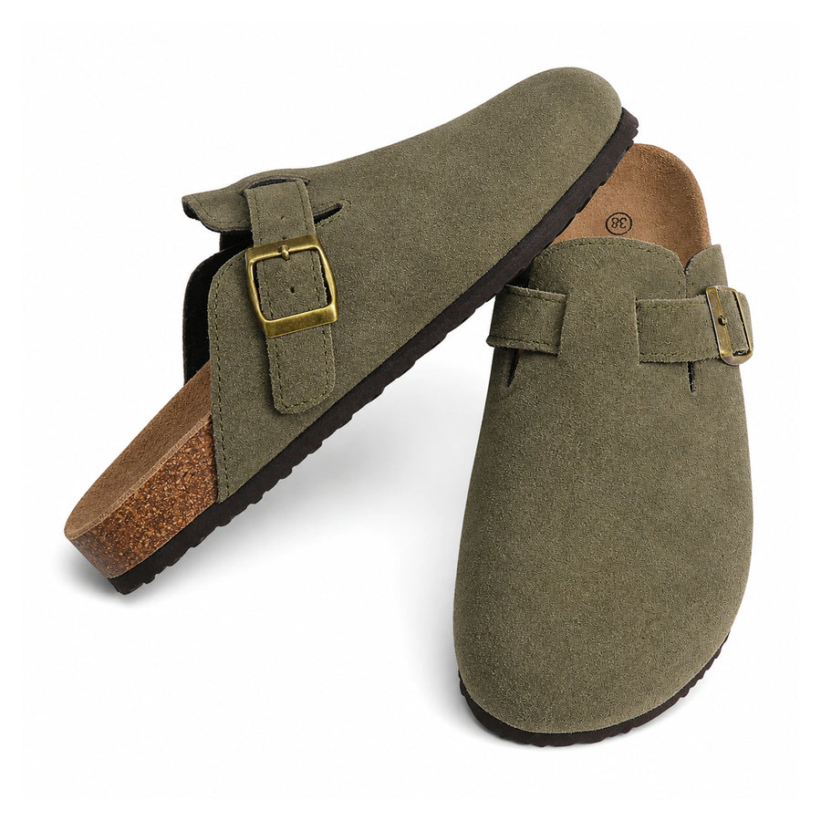 Suede Arch-Support Mules — Cork Footbed Slip-On Clogs on a pure white background