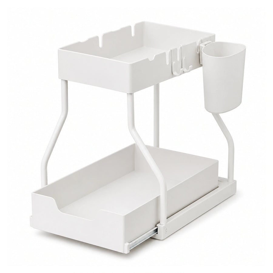 Under-Sink Pull-Out Rack — 2-Tier Steel & PP Organiser on a pure white background