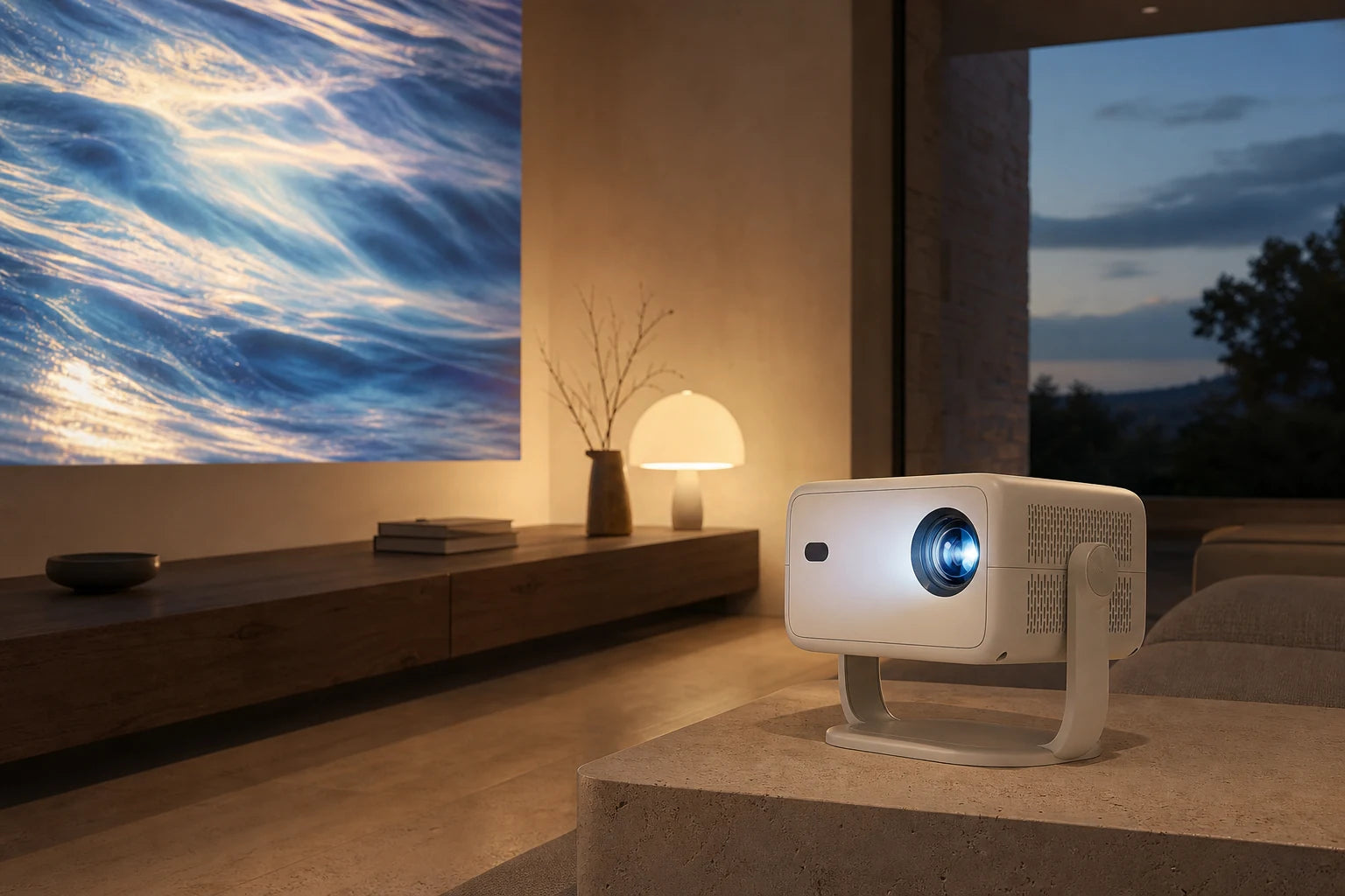 Smart projector in a warm modern living room