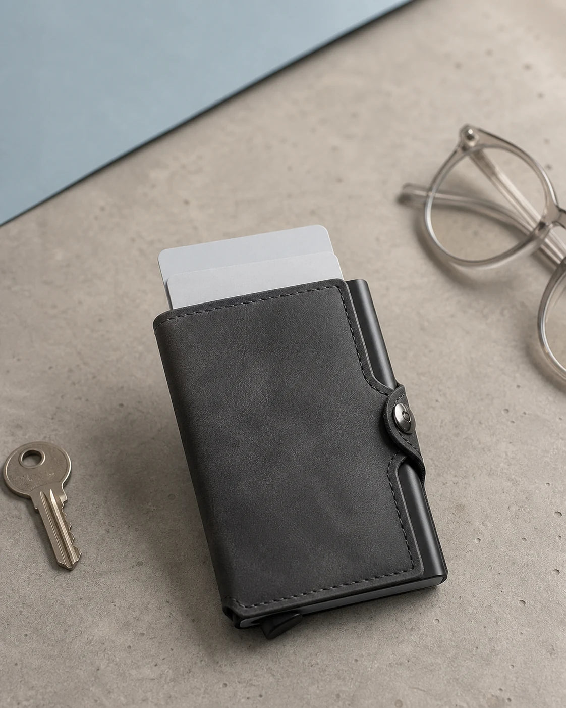 Slim charcoal RFID wallet on warm stone